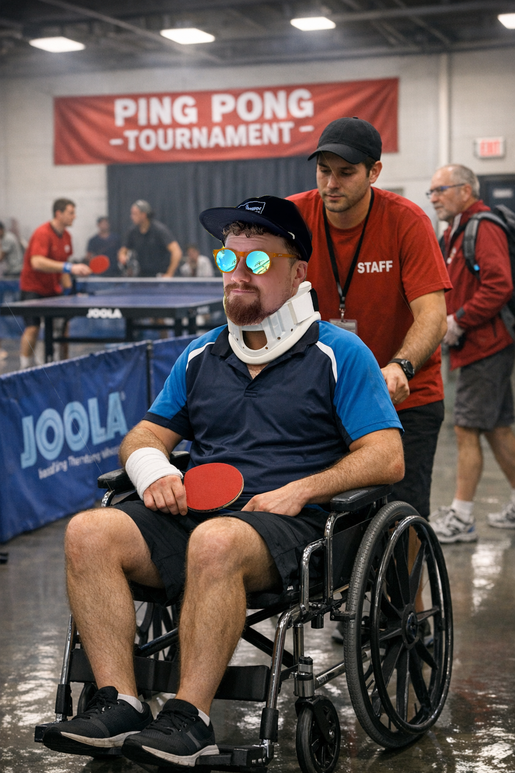 Christiansen is wheeled out of Midwest Table Tennis Club on a stretcher